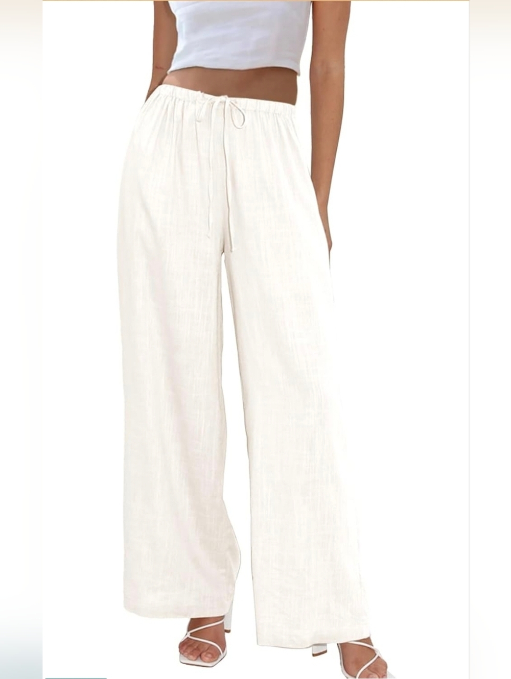 Women's Wide-Leg Drawstring Cotton/Linen-Blend Pants - Cream